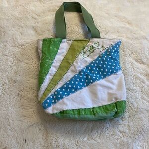 Billabong Vintage 2000s Green and Blue Patchwork 12” Tote Bag Beach Surf Y2K